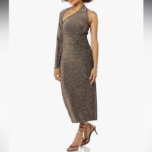 NWT TEREA Womens Nola One Shoulder Gold Metallic XL Midi Dress